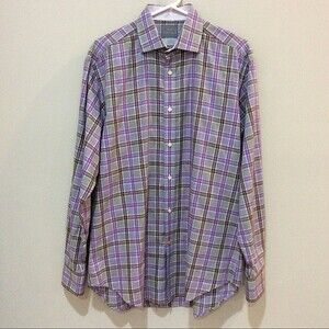 Thomas Dean Purple Plaid Shirt Button Front Long Sleeve Sz Med Contrast Cuffs
